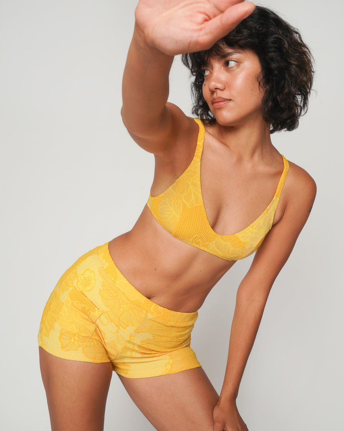 Bobby Nectar Yellow Textured Floral Pattern Bikini Top Swim Suit