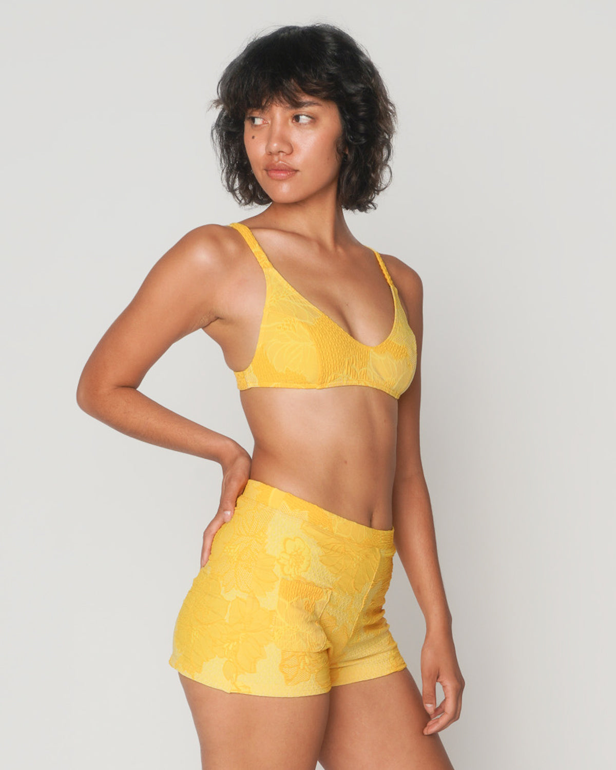 Bobby Nectar Yellow Textured Floral Pattern Bikini Top Swim Suit