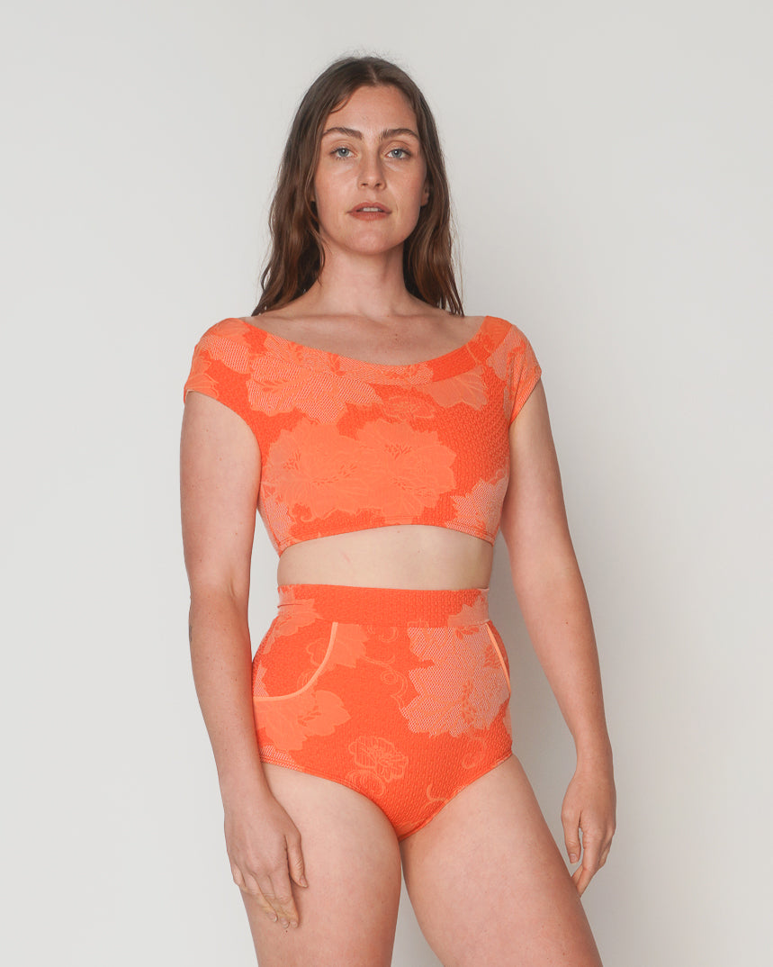 Chicama Squeeze Orange Floral Pattern Swim Suit Bikini Top Boatneck Neckline