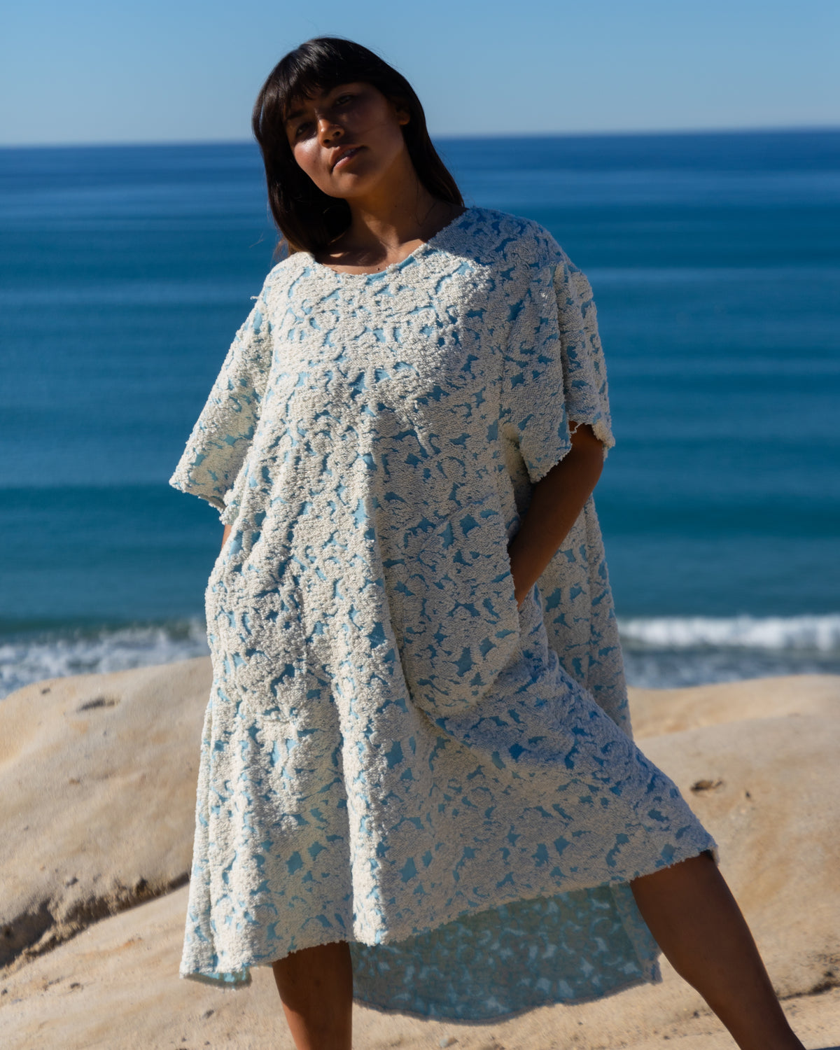 Brynne Nimbus White Blue Textured Changing Cape Towel Dress Poncho