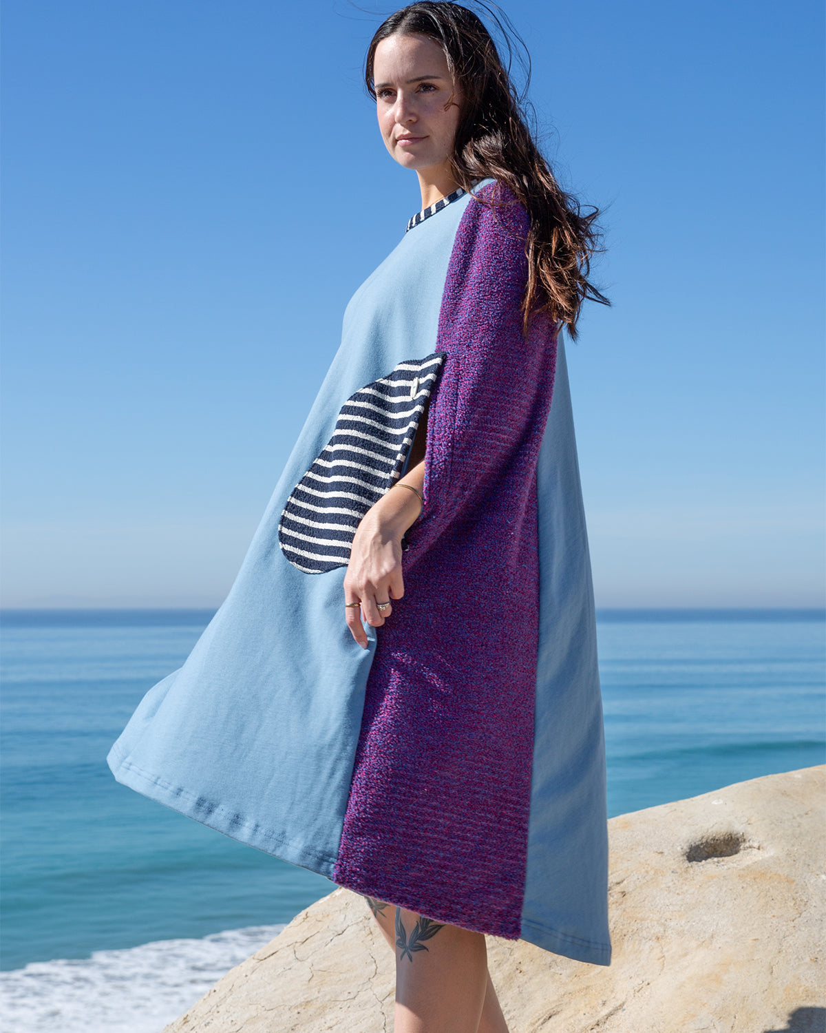 Changing Cape Cielo Blue Purple Stripes Towel Dress Poncho Pockets