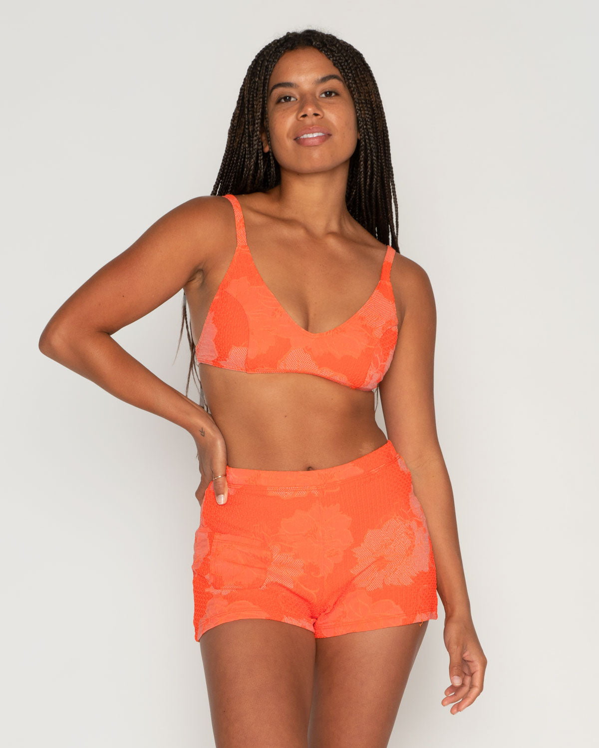 Bobby Squeeze Orange Textured Floral Pattern Bikini Top Swim Suit