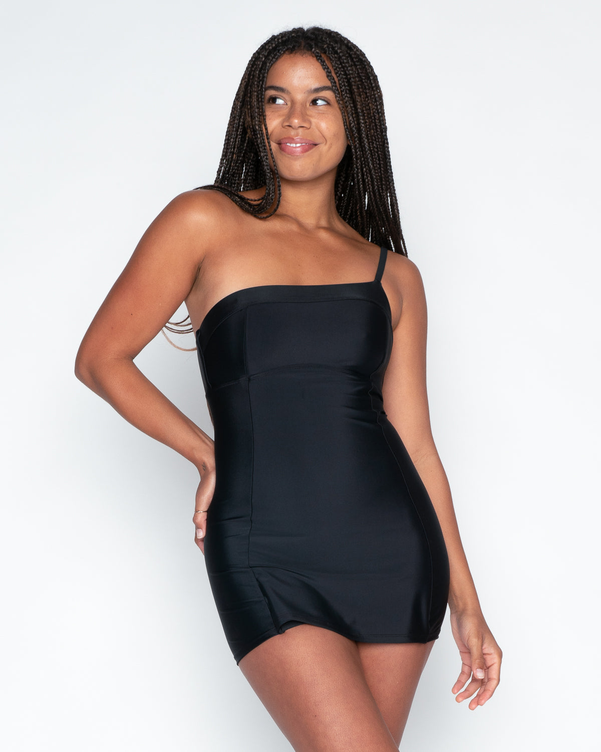 Bolinas Black One Piece Dress Swim Suit Built In Shorts Adjustable Straps