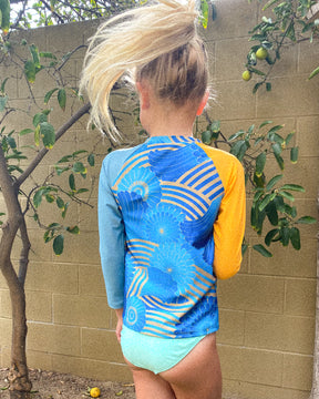 Doheni Seaflower Blue Floral Pattern Rashguard Long Sleeve Kids Sun Protection