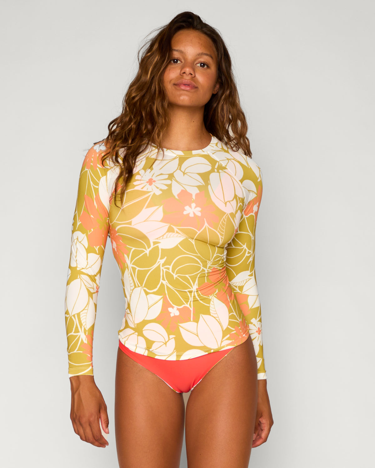 Doheny Jani Yellow Orange Floral Pattern Rashguard Long Sleeve Sun Protection