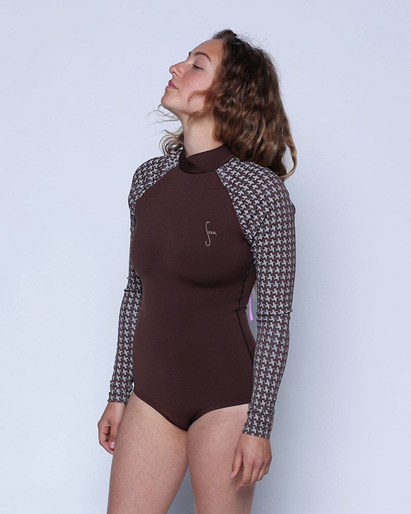 Gaviotas Mustang Brown Plaid Pattern Long Sleeve Surf Suit UV Protection Swim Suit