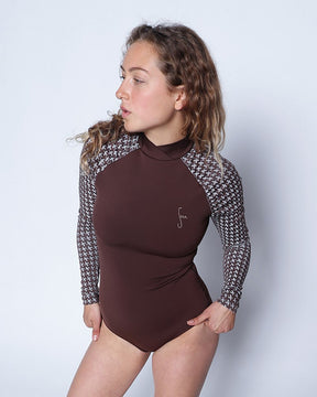 Gaviotas Mustang Brown Plaid Pattern Long Sleeve Surf Suit UV Protection Swim Suit
